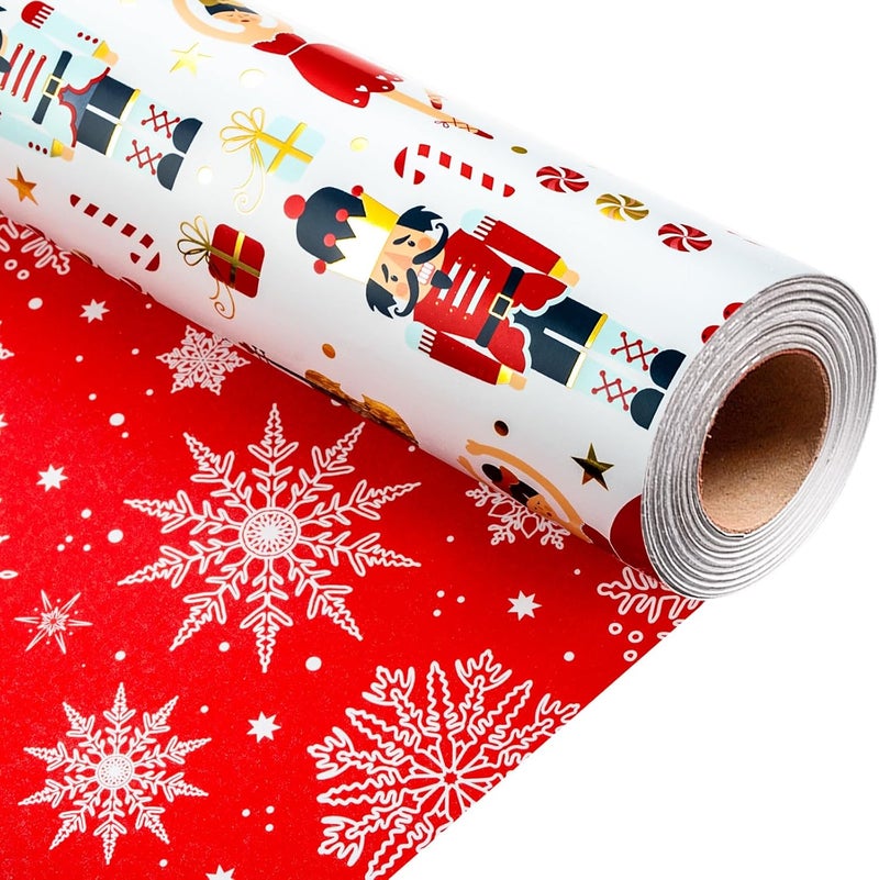 Retrify Christmas Wrapping Paper - Nutcracker Stars Girl Dance and Snowflake Pattern Metallic Gold Foil Shine Gift Wrap Paper for Holiday Shower Party Celebration - 17 Inch x 32.8 Feet Mini Roll - Image 1